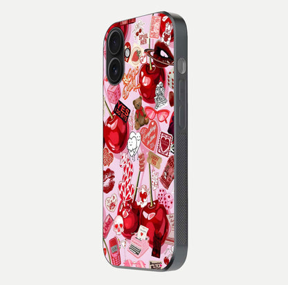 Sweet Cherry Chaos Glass Case for iPhone 16 side-angle image showing shine, gloss, and cherry details