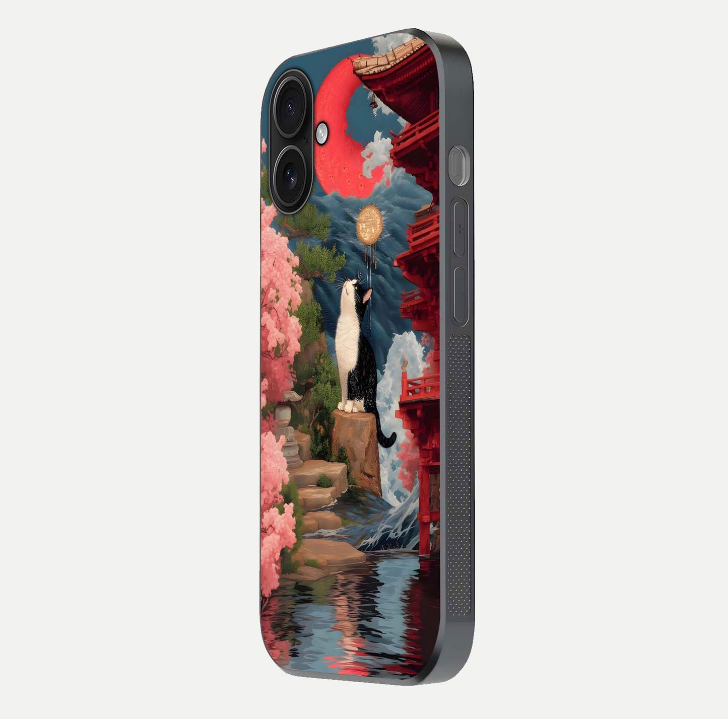 Temple Cat Scenery Glass Case for iPhone 16 side-angle image showing shine and printed temple pattern