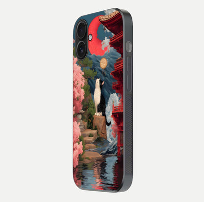 Temple Cat Scenery Glass Case for iPhone 16 side-angle image showing shine and printed temple pattern
