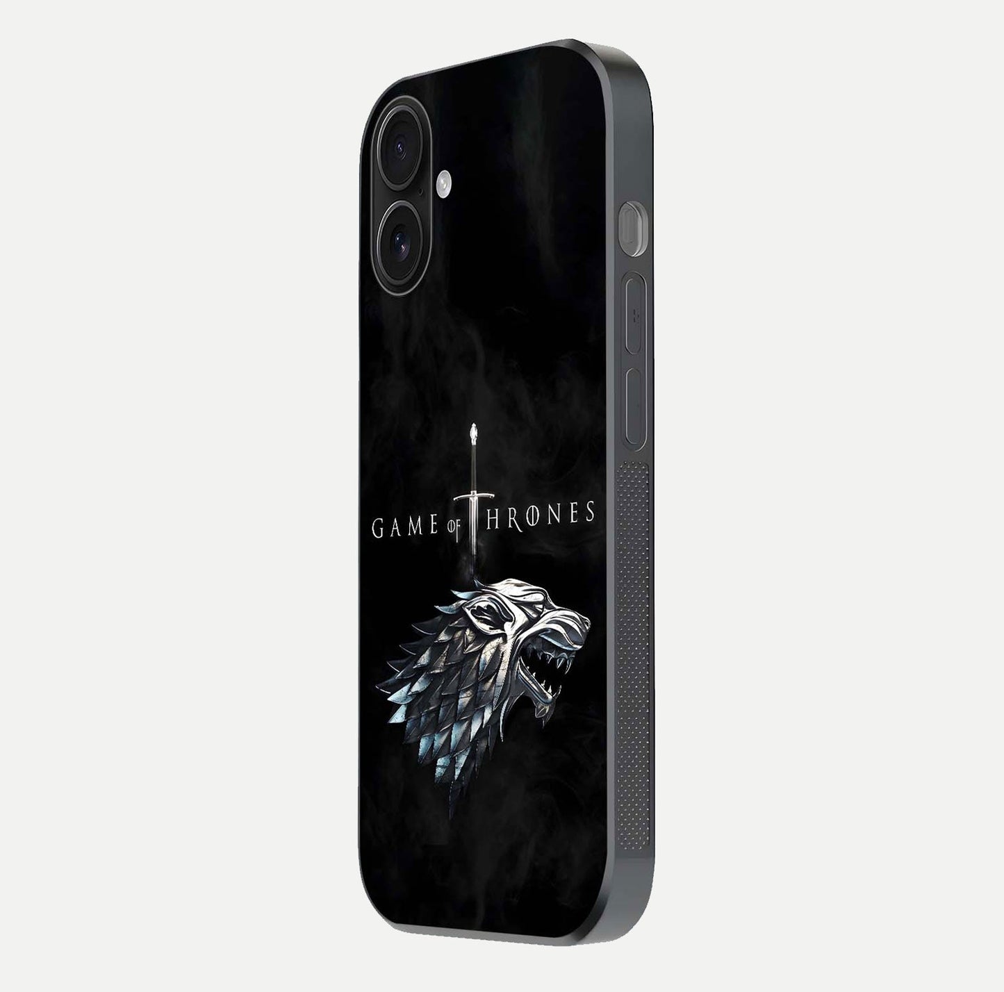 Throne Wolf Legacy Glass Case for iPhone 16 side-angle image showing gloss, texture, and HD print