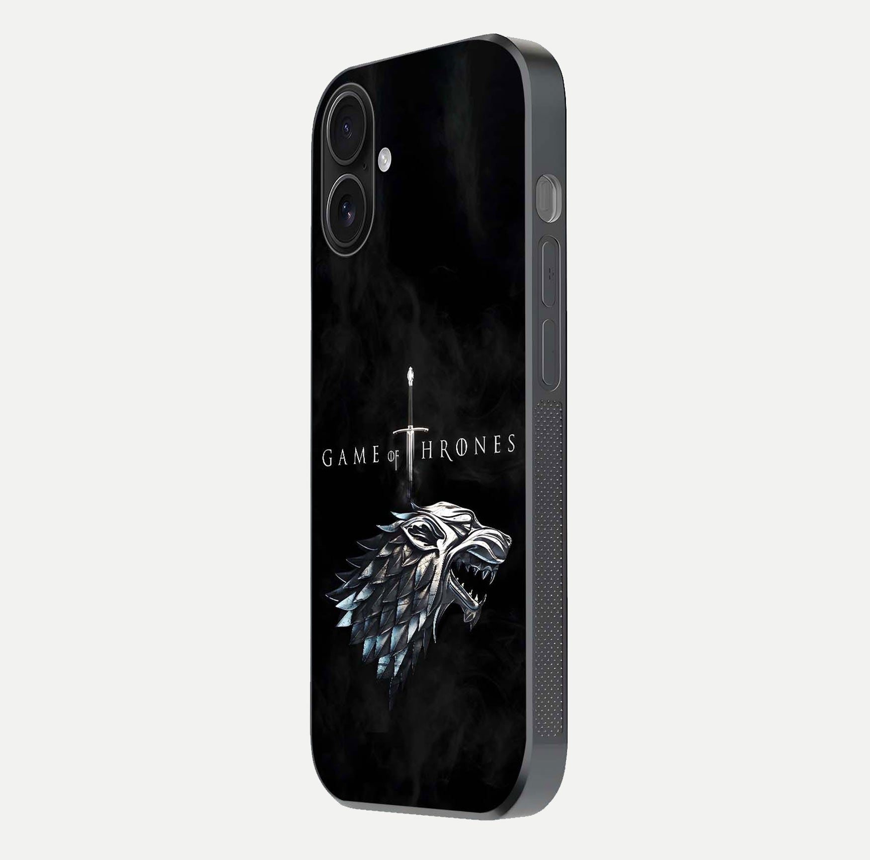 Throne Wolf Legacy Glass Case for iPhone 16 side-angle image showing gloss, texture, and HD print