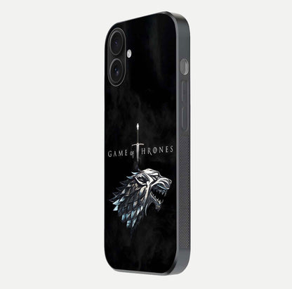 Throne Wolf Legacy Glass Case for iPhone 16 side-angle image showing gloss, texture, and HD print