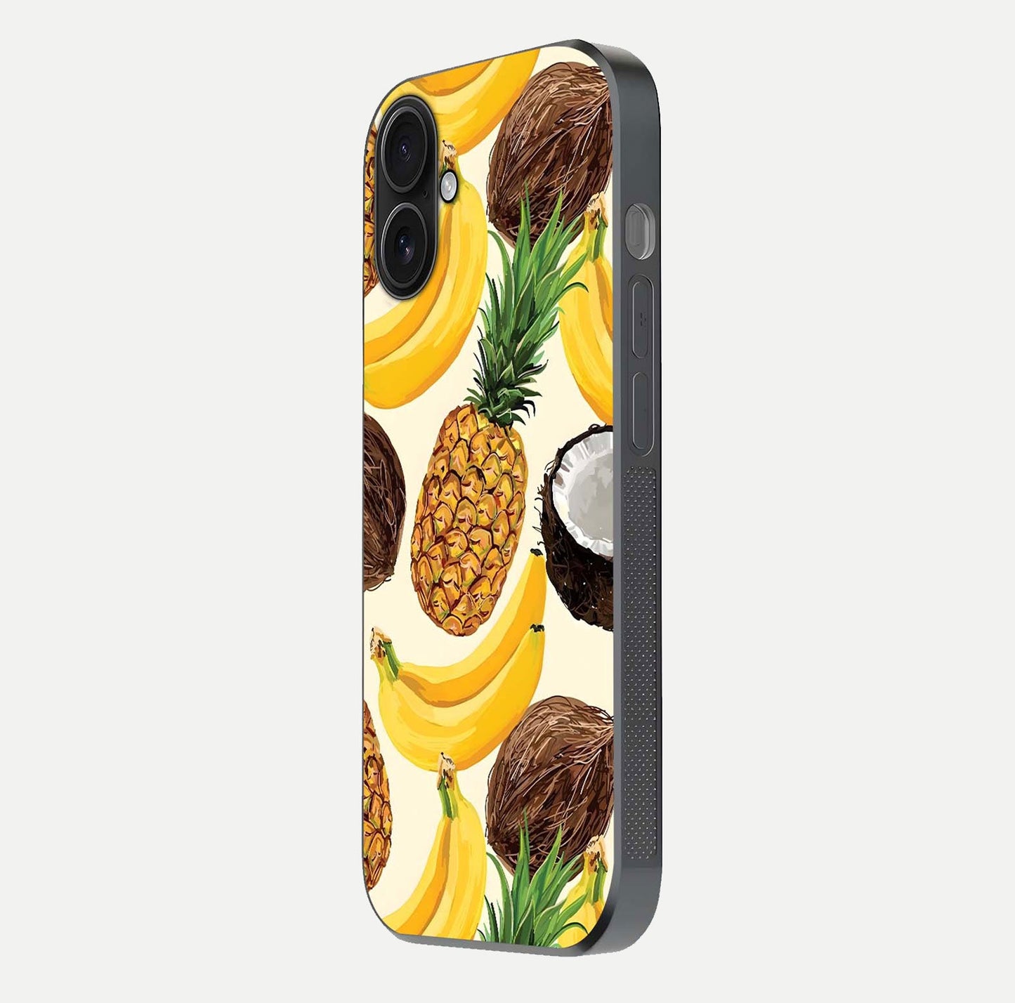 Tropical Fruit Mood Glass Case for iPhone 16 side-angle image showing reflection, gloss, and fruit details