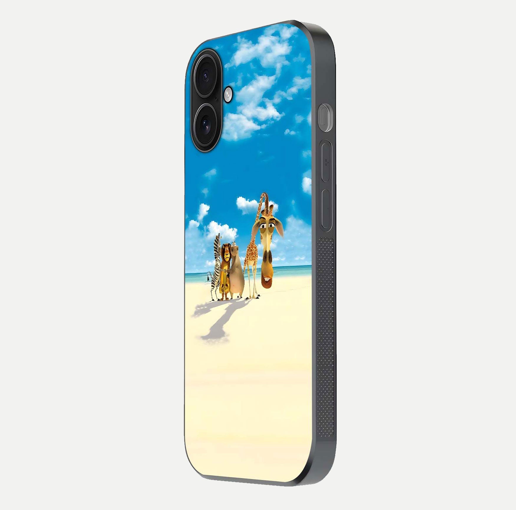 Tropical Fun Squad Glass Case for iPhone 16 side-angle image showing shine, color depth, and surface gloss