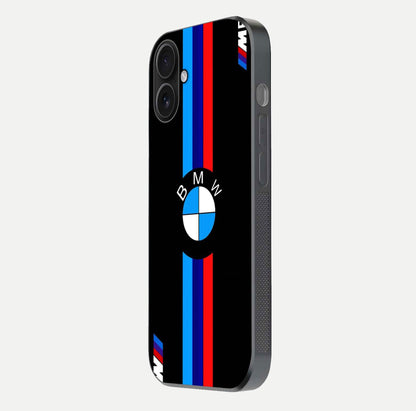 Turbo BMW Beast Glass Case for iPhone 16 side-angle image showing reflection and sleek edge styling