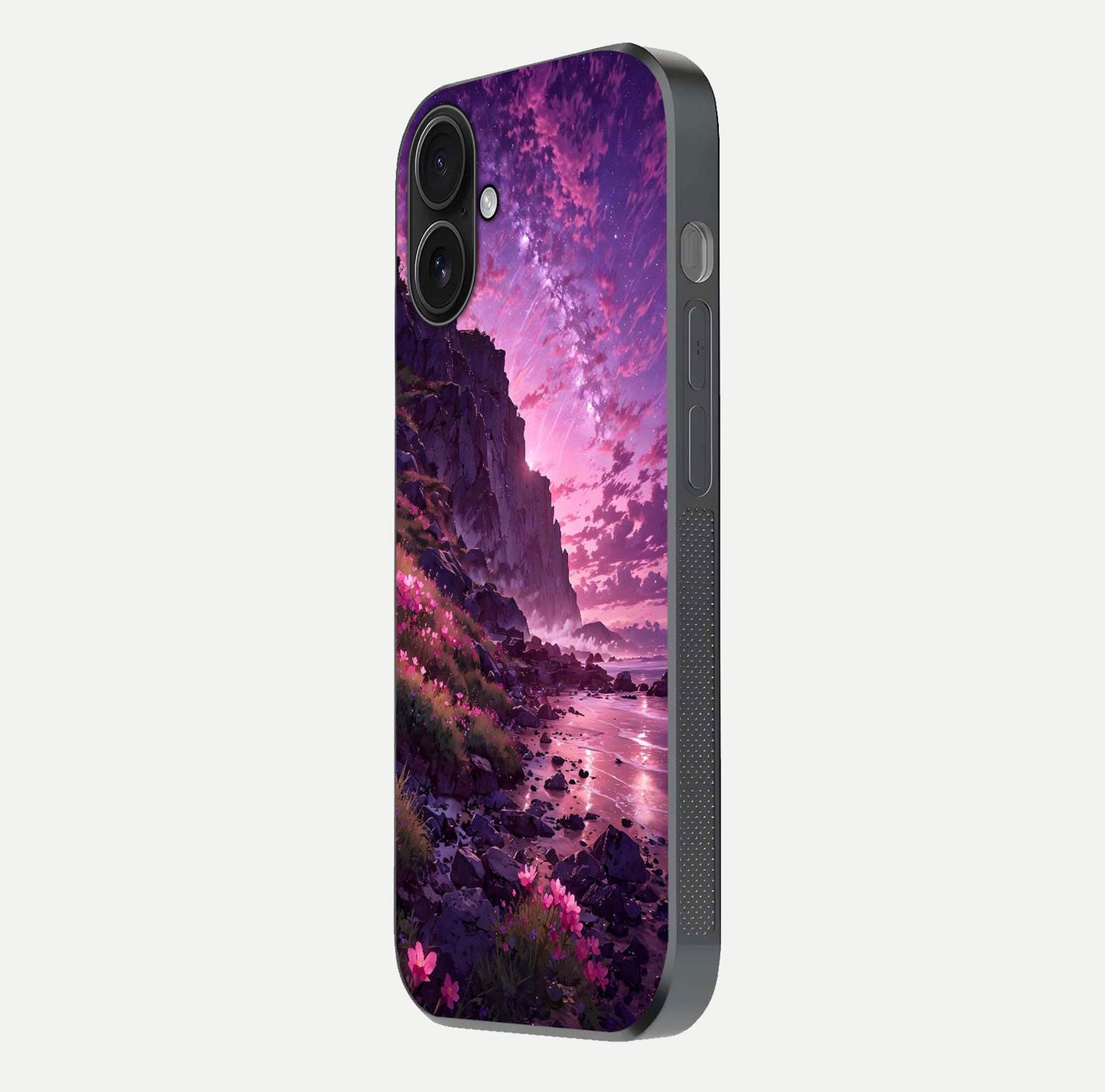 Twilight Blossom Coast Glass Case for iPhone 16 side-angle image showing shine, reflection, and petal tone