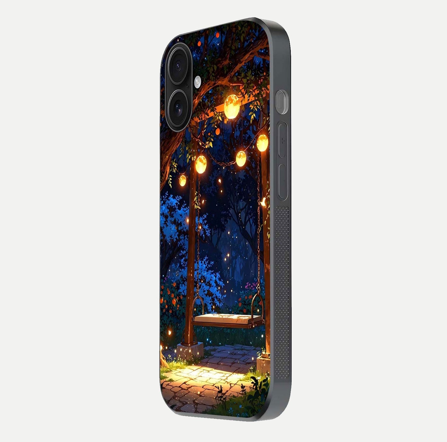 Twilight Garden Swing Glass Case for iPhone 16 side-angle image showing reflection, gloss, and scenic depth