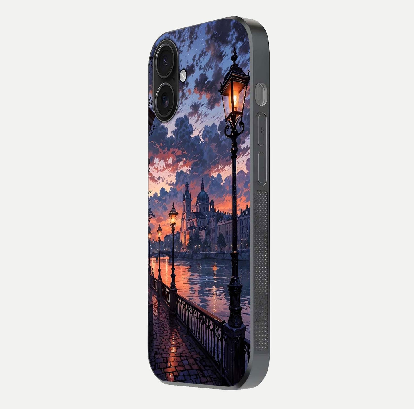 Twilight River Lights Glass Case for iPhone 16 side-angle image showing reflections, lighting, and gradient tones