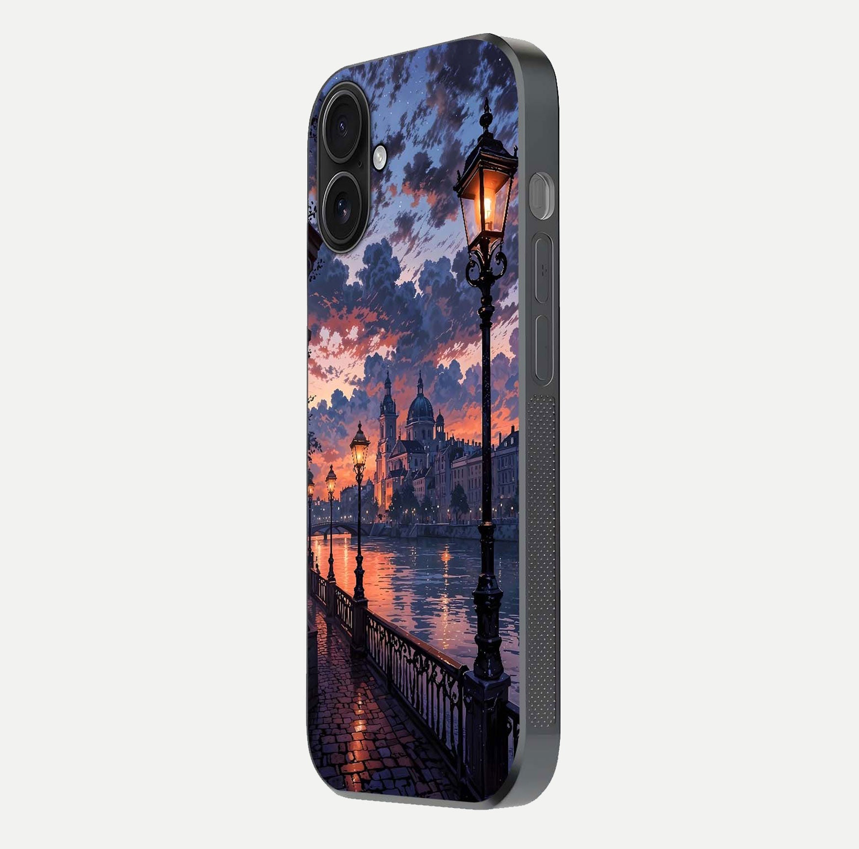 Twilight River Lights Glass Case for iPhone 16 side-angle image showing reflections, lighting, and gradient tones