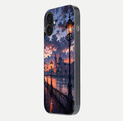 Twilight River Lights Glass Case for iPhone 16 side-angle image showing reflections, lighting, and gradient tones