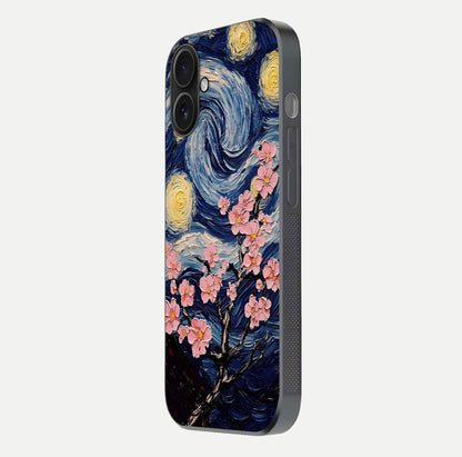 Van Gogh Scenery Glass Case for iPhone 16 side-angle image showing shine, gloss, and scenic color palette
