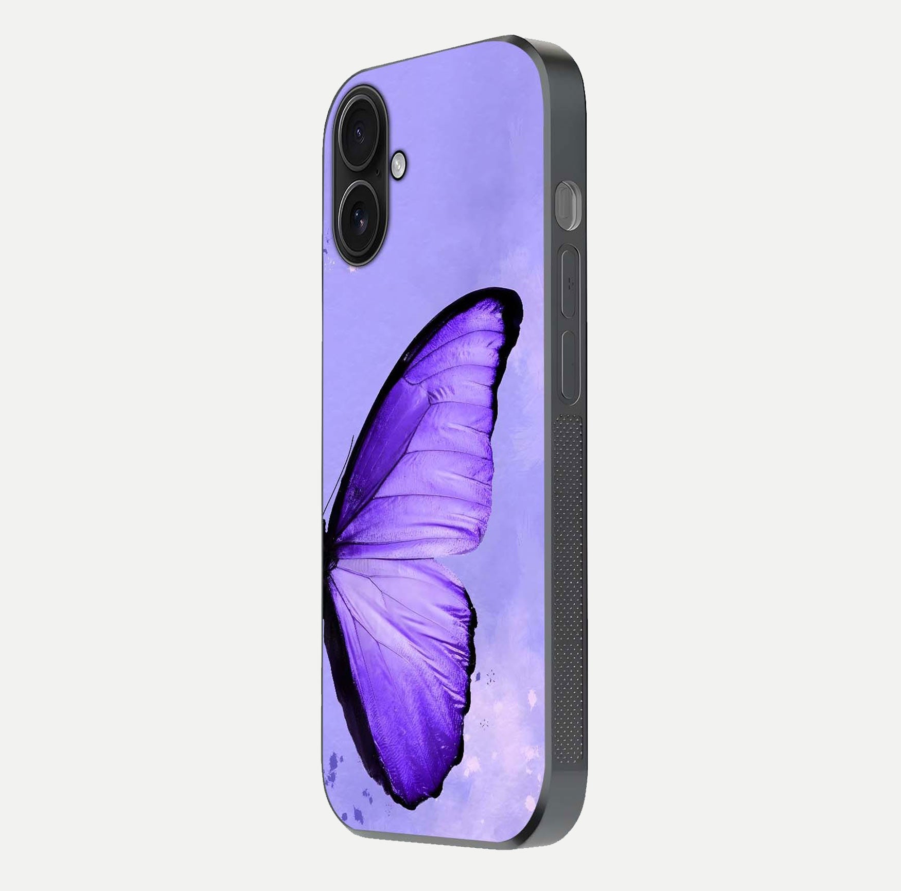 Violet Dream Wing Glass Case for iPhone 16 side-angle image showing gloss, shine, and violet gradient