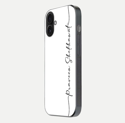 White Tune Custom Name Glass Case for iPhone 16 side-angle image showing shine, gloss, and minimal tone