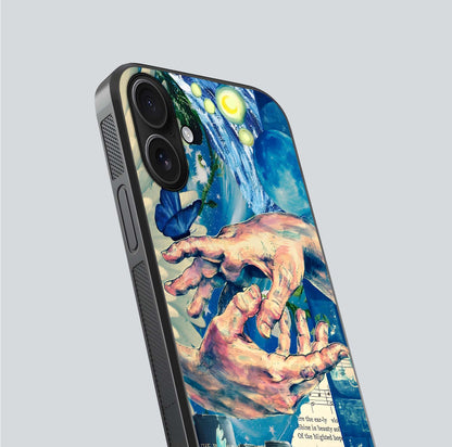 Aesthetic Divider Glass Case for iPhone 16 close-up angled shot showing detailed divider artwork and gloss reflection