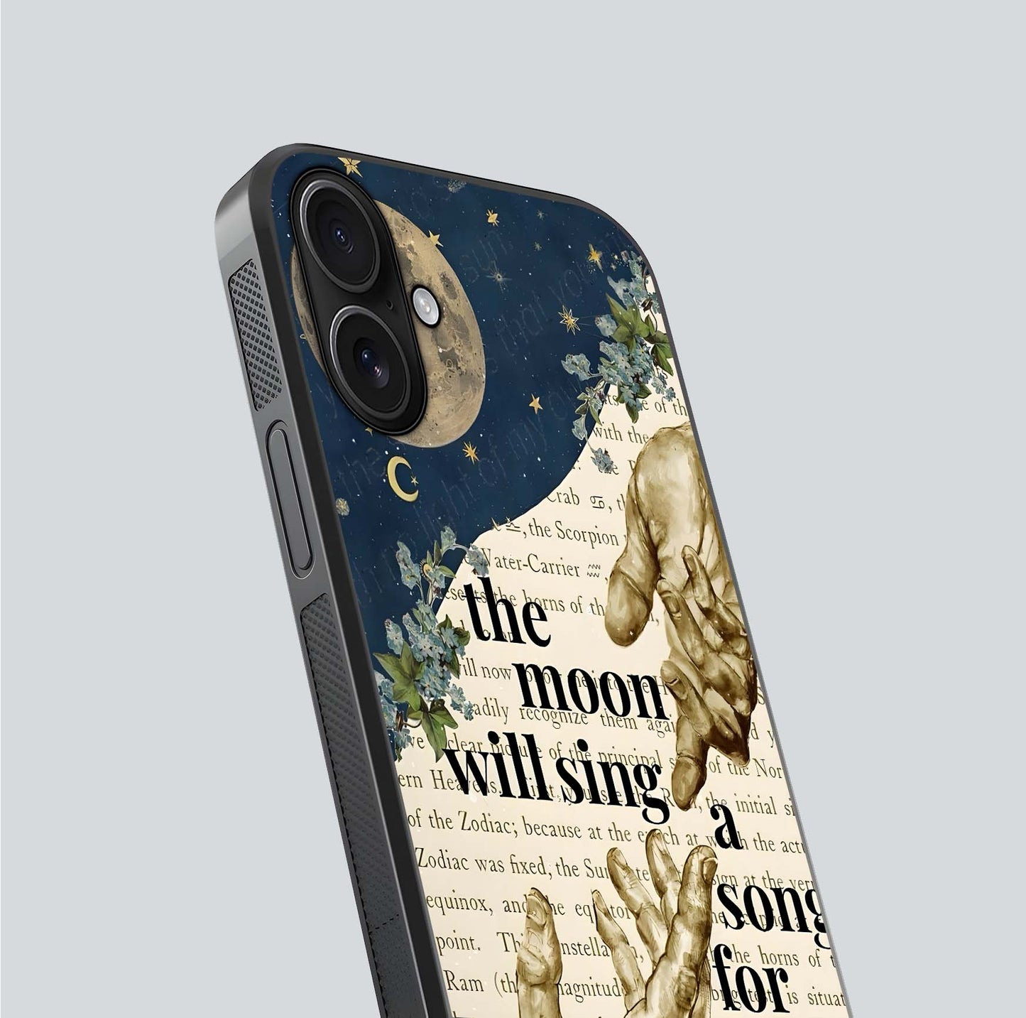 Aesthetic Divine Glass Case for iPhone 16 close-up angled shot showing detailed divine artwork and gloss reflection