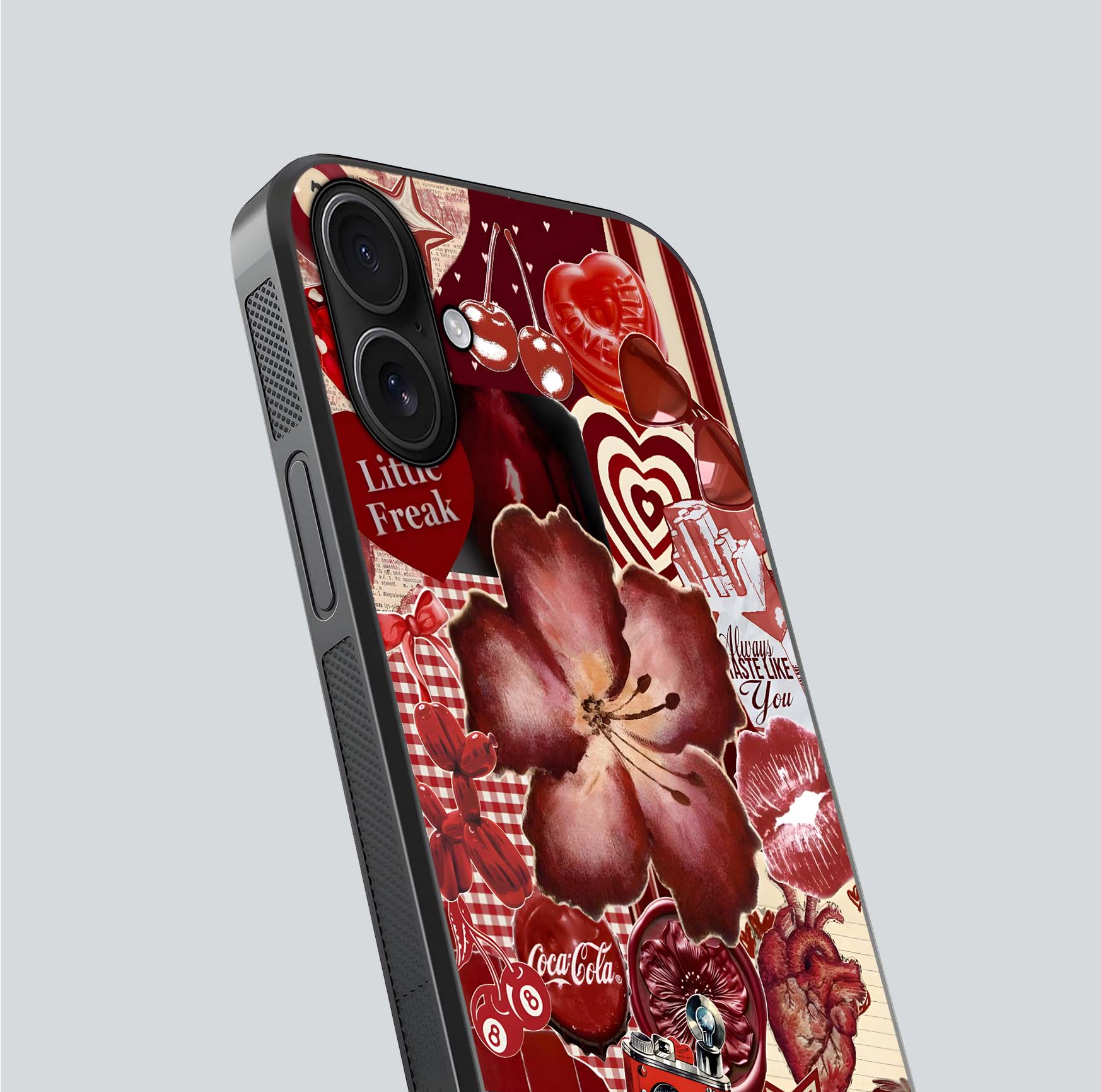Aesthetic Little Freak Glass Case for iPhone 16 close-up angled shot showing detailed artwork, bold design, and gloss reflection