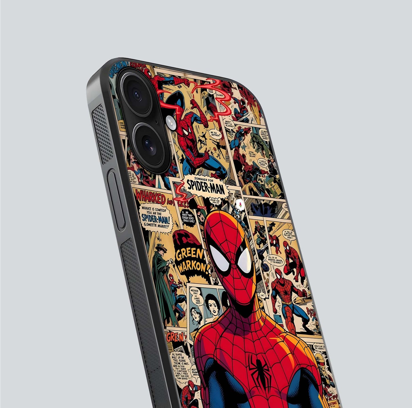 Aesthetic Spider Man Glass Case for iPhone 16 close-up angled shot showing detailed Spider-Man artwork and gloss reflection