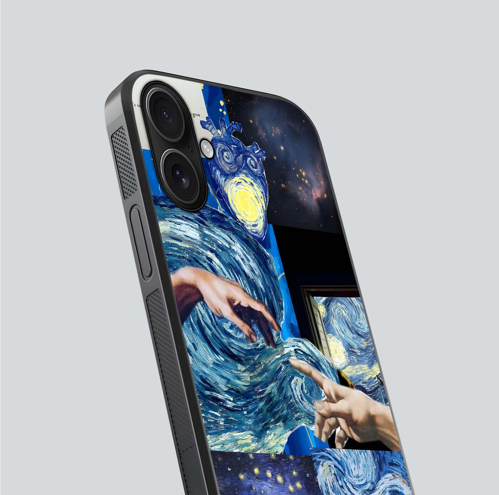 Aesthetic Vando Hands Glass Case for iPhone 16 close-up angle showing fine detailing of hand artwork and glass reflection