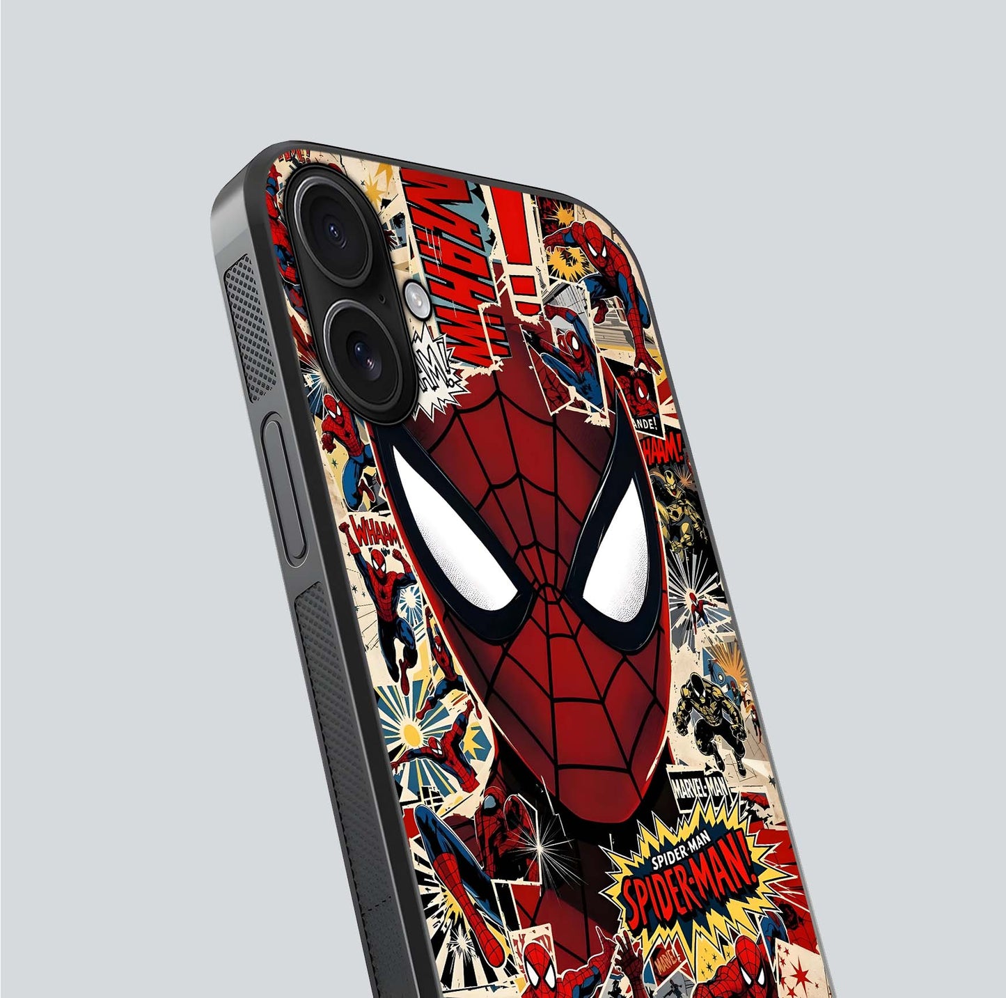 Aesthetic Wonder Spider Glass Case for iPhone 16 angled close-up highlighting spider web detail and vibrant color gloss