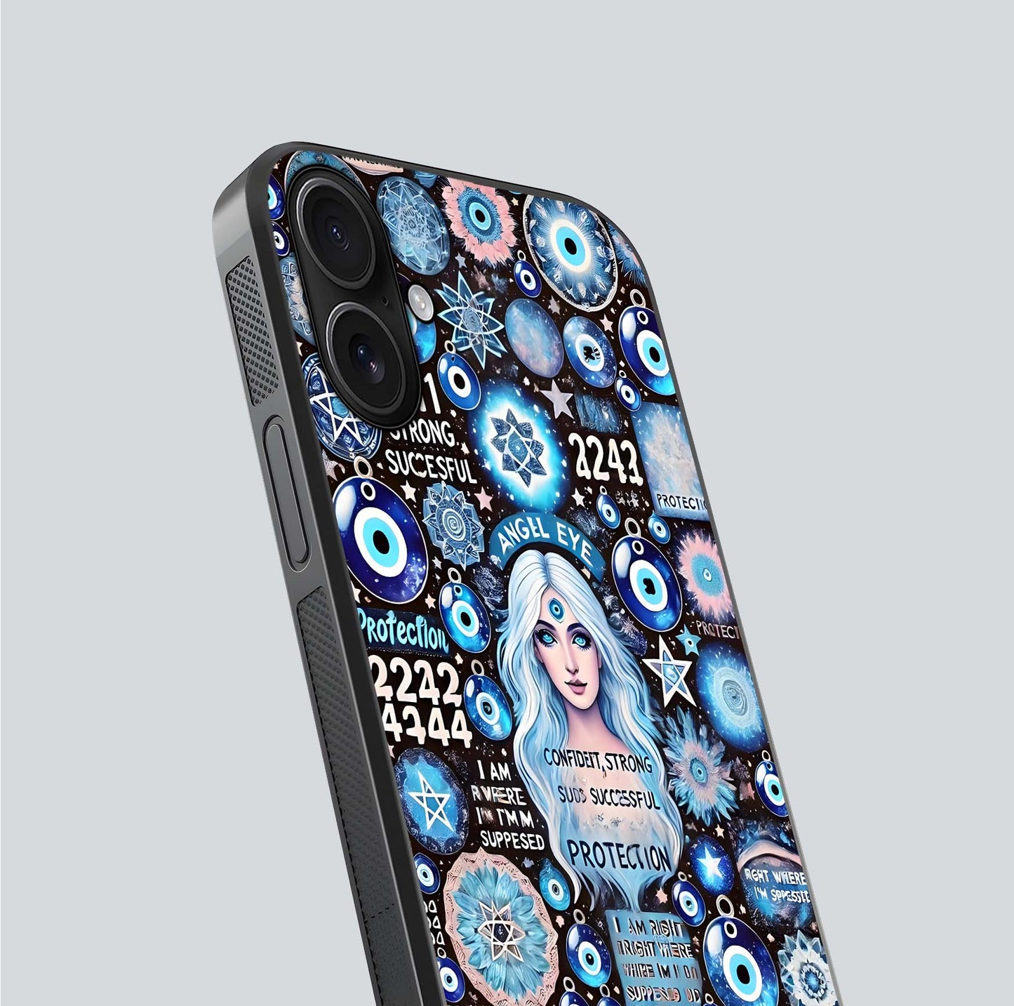 Angel Aura Shield Glass Case for iPhone 16 close-up view capturing aura glow, metallic tones, and shine texture