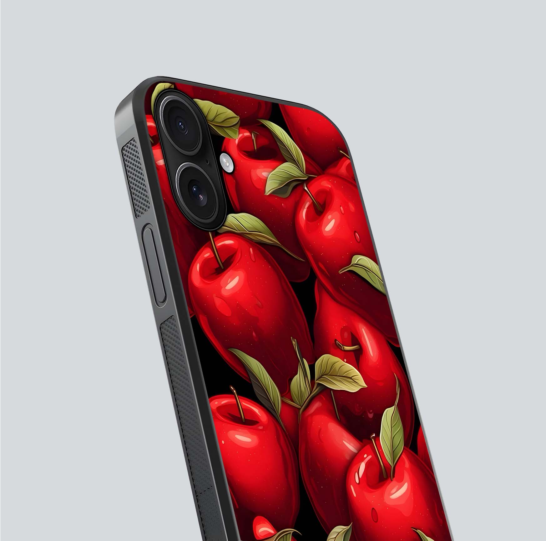 Apple Pattern Glass Case for iPhone 16 close-up angle showing pattern texture and shine reflection