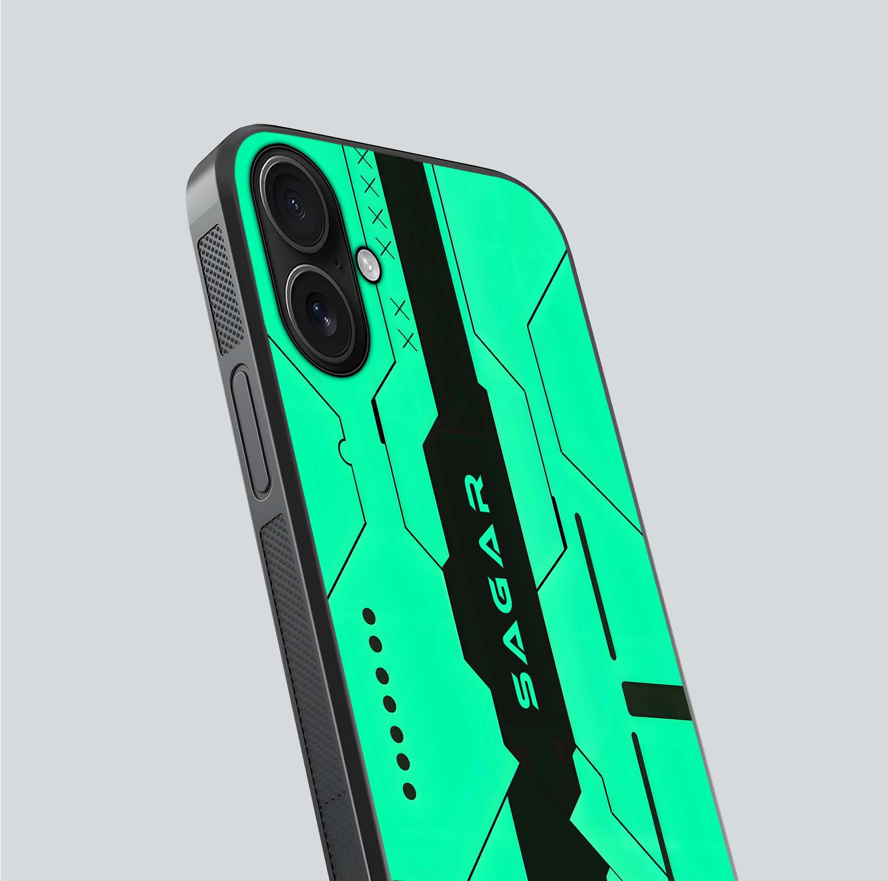 Aqua Tech CYBERPUNK Custom Name Glass Case for iPhone 16 close-up angle showing futuristic blue lights and reflections