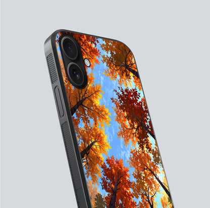 Autumn Sky Rise Glass Case for iPhone 16 close-up shot of autumn tone details and HD shine reflection