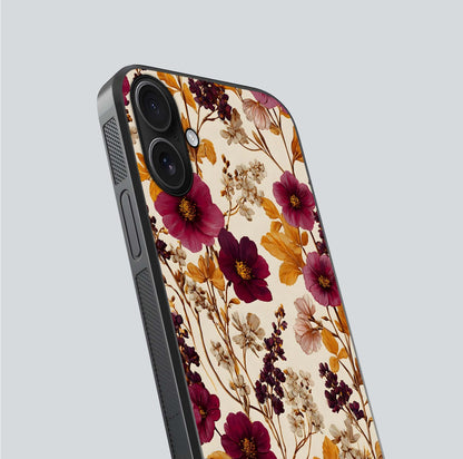 Autumn Wine Bloom Glass Case for iPhone 16 close-up highlighting petal detail and gloss reflection