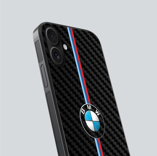 BMW Pattern Glass Case for iPhone 16 close-up angle showing BMW logo detailing and high-reflect gloss texture