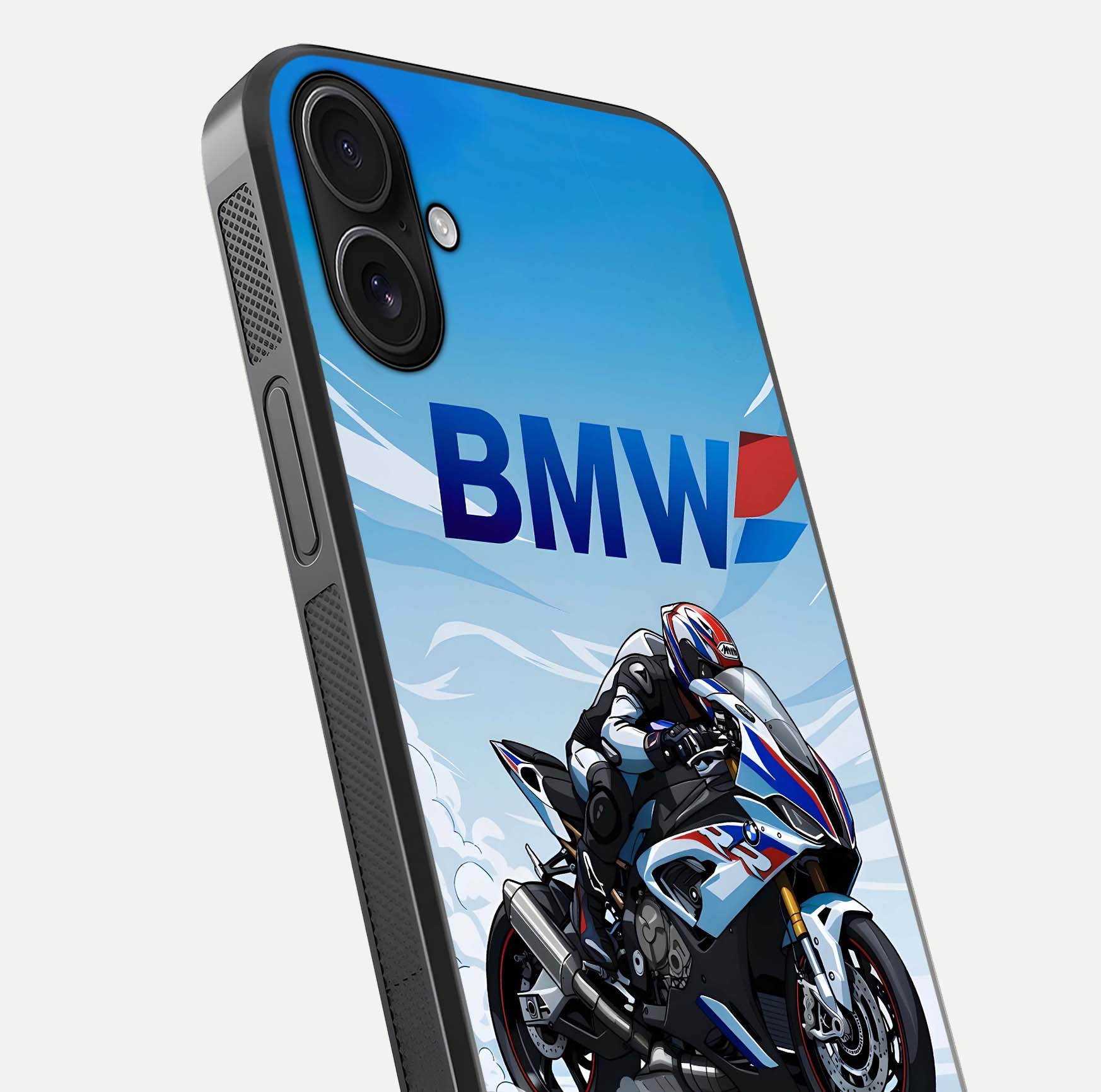 BMW Power Drift Glass Case for iPhone 16 close-up view highlighting motion streaks and gloss shine
