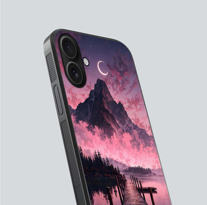 Beautyful Mountain View Glass Case for iPhone 16 close-up angle highlighting landscape details and shine