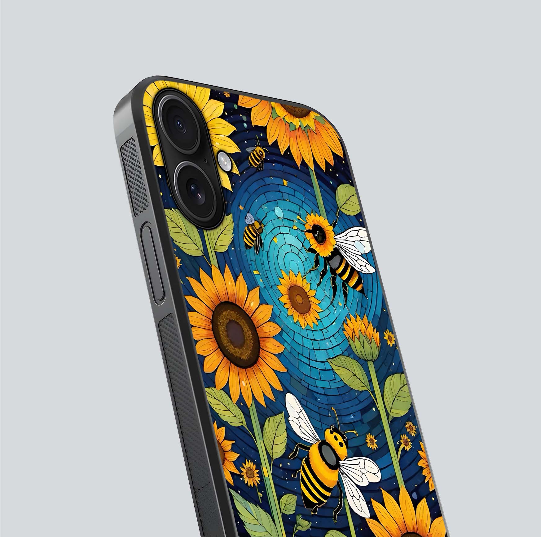 Bees & Sunflowers Glass Case for iPhone 16 close-up angled shot showing detailed petals, bee prints, and glass reflection