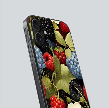 Berry Bloom Charm Glass Case for iPhone 16 close-up view highlighting berry color tones and fine petal detailing
