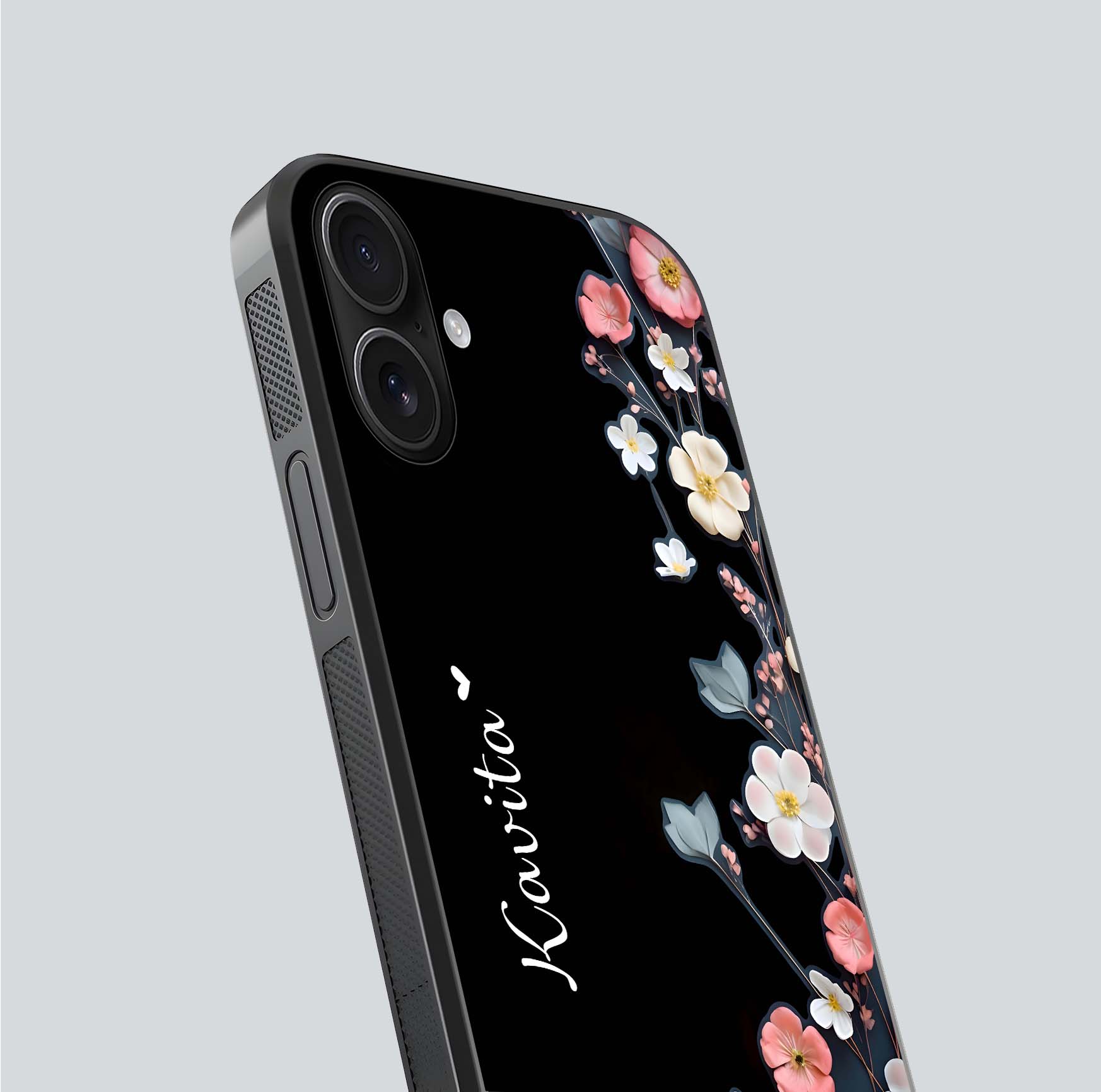 Black Elegance Floral Custom Name Glass Case for iPhone 16 close-up shot showing rose detailing and elegant reflection