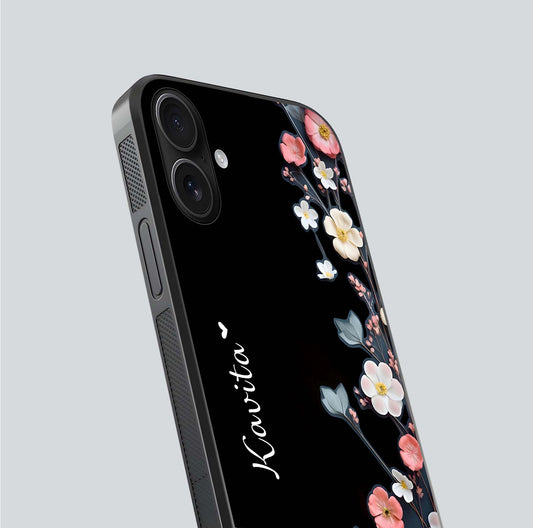 Black Elegance Floral Custom Name Glass Case for iPhone 16 close-up shot showing rose detailing and elegant reflection