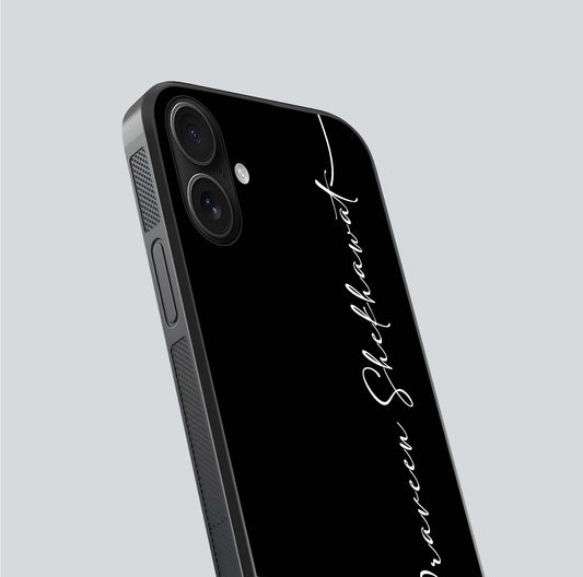 Black Tune Custom Name Glass Case for iPhone 16 close-up shot highlighting sleek monochrome design and reflection
