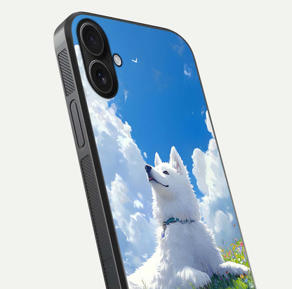 Blissful Cloud Pup Glass Case for iPhone 16 close-up image highlighting puppy details and glossy reflection