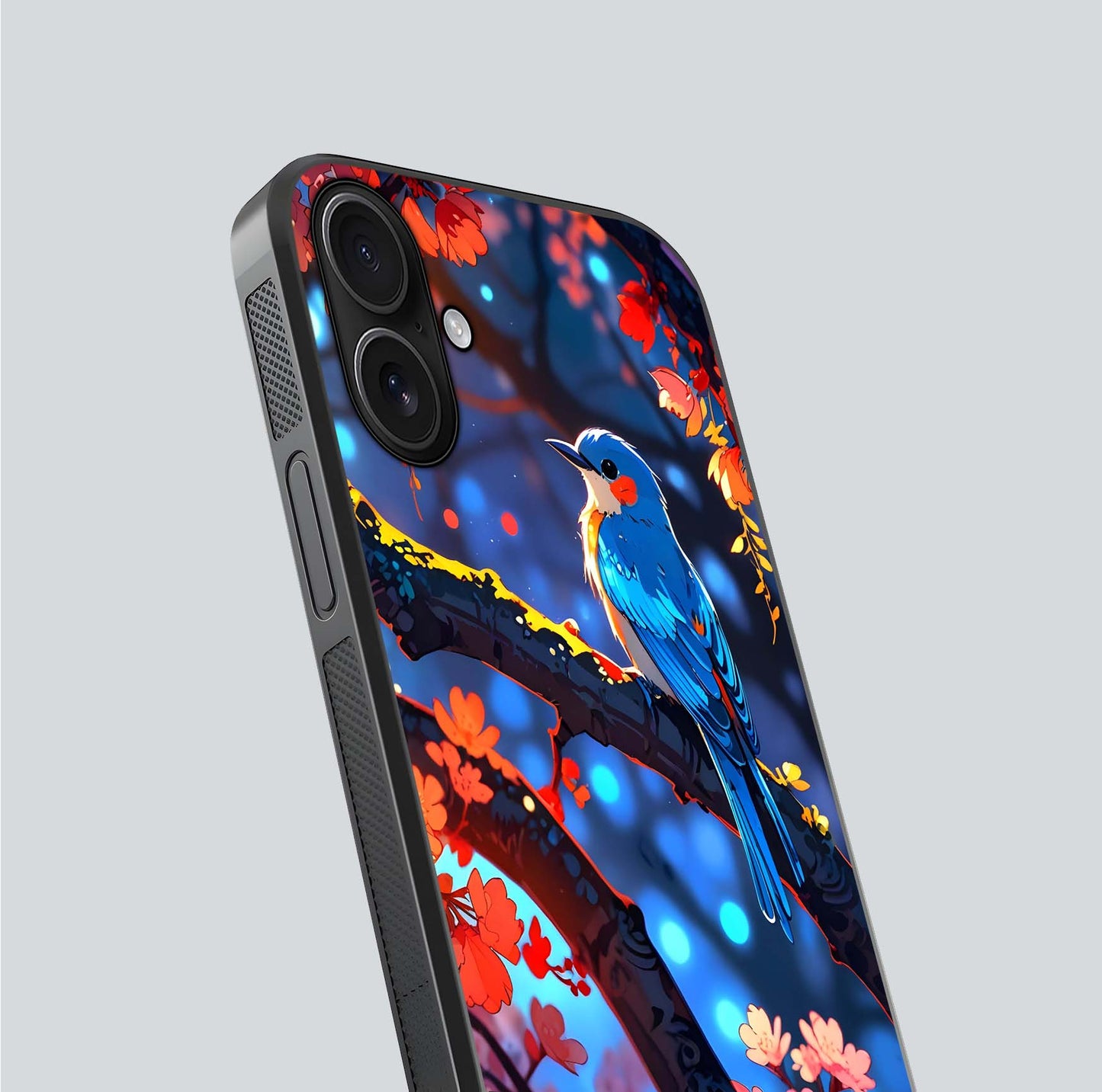 Blooming Spendor Bird Glass Case for iPhone 16 close-up shot highlighting bird design details and glossy shine