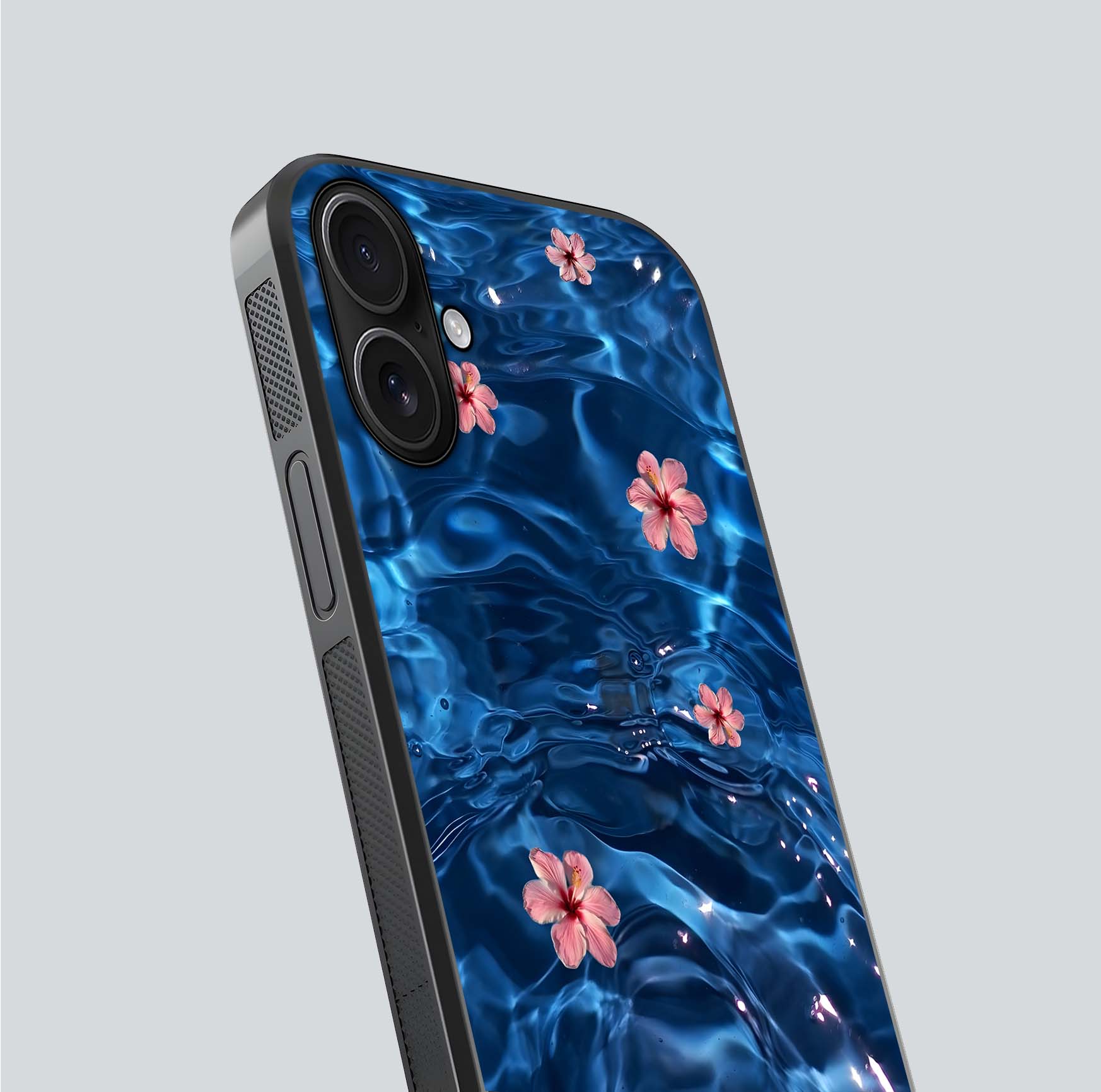 Blooming Water Drift Glass Case for iPhone 16 close-up angle showing petal details, soft aqua tones, and smooth gloss reflection