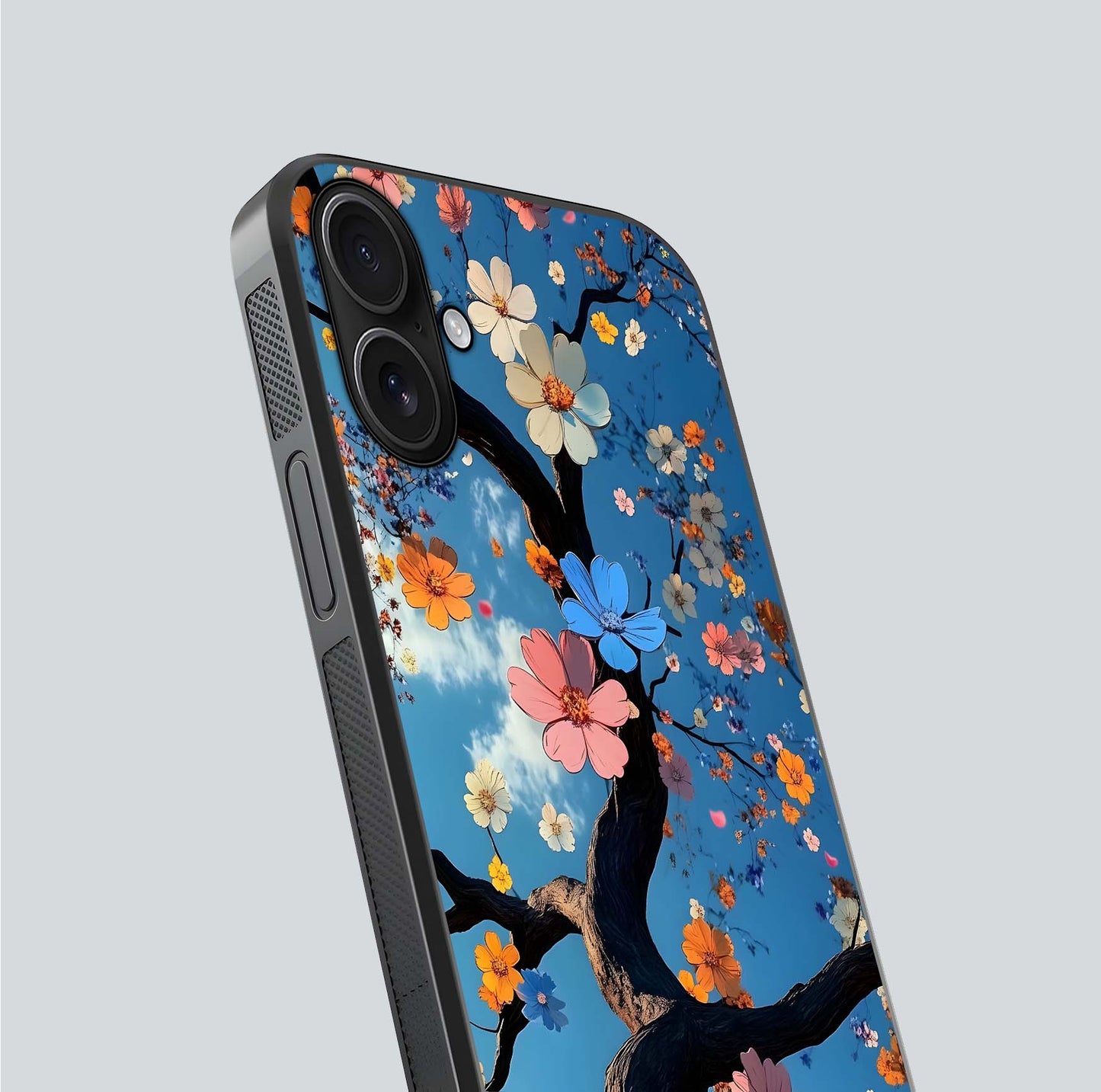 Blossom Dream Sky Glass Case for iPhone 16 close-up shot highlighting dreamlike clouds and pink blossoms