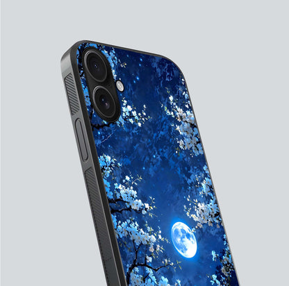 Blossom Moonlight Sky Glass Case for iPhone 16 close-up angle capturing moon glow and flower detail reflections
