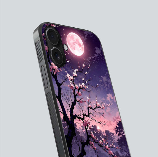 Blossom Pink Moon Glass Case for iPhone 16 close-up shot showing pink tones, moon highlight, and reflection gloss