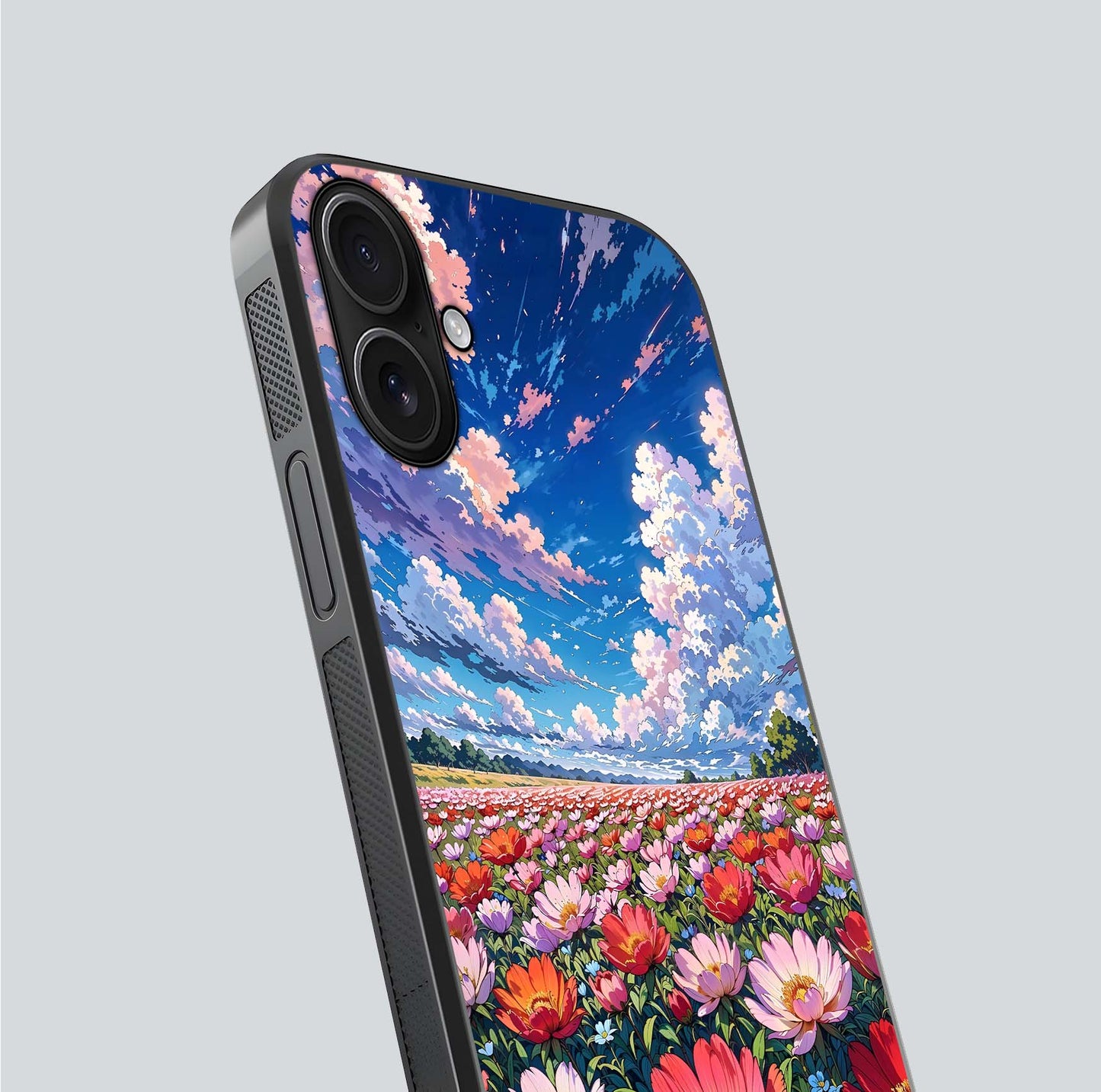 Blossom Sky Field Glass Case for iPhone 16 close-up image showing petal patterns and subtle sky gradient