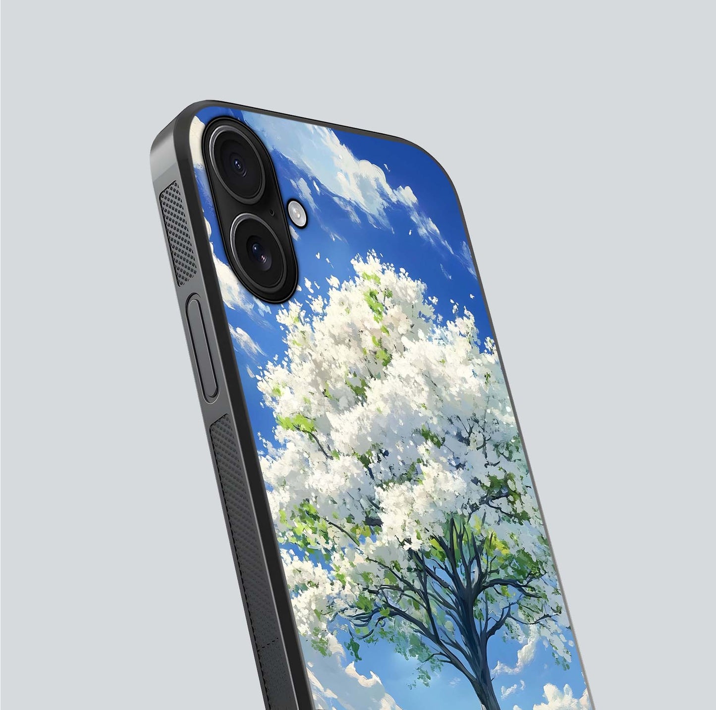 Blossom Sky Serenity Glass Case for iPhone 16 close-up highlighting calming flower details and reflection gloss