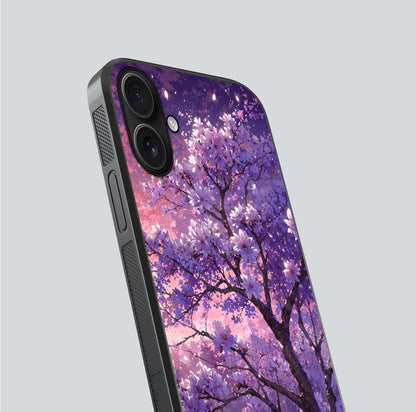 Blossom Tree Glass Case for iPhone 16 close-up image highlighting tree branches, blossoms, and shine