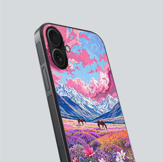 Blossom Valley Dream Glass Case for iPhone 16 close-up view showing detailed flower print and pastel hues