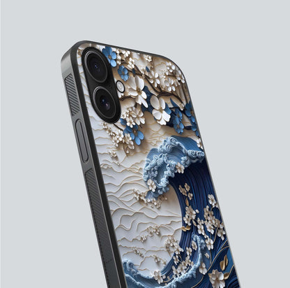 Blossom Wave Art Glass Case for iPhone 16 close-up shot highlighting wave motion in floral art and reflection
