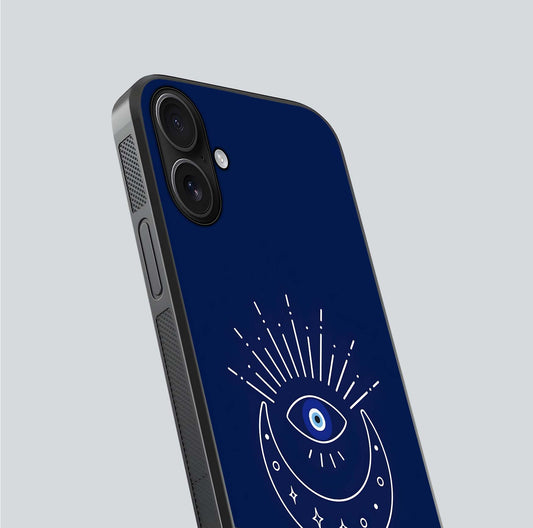 Blue Evil Eye Glass Case for iPhone 16 close-up shot highlighting eye motif, protection symbol, and glass shine