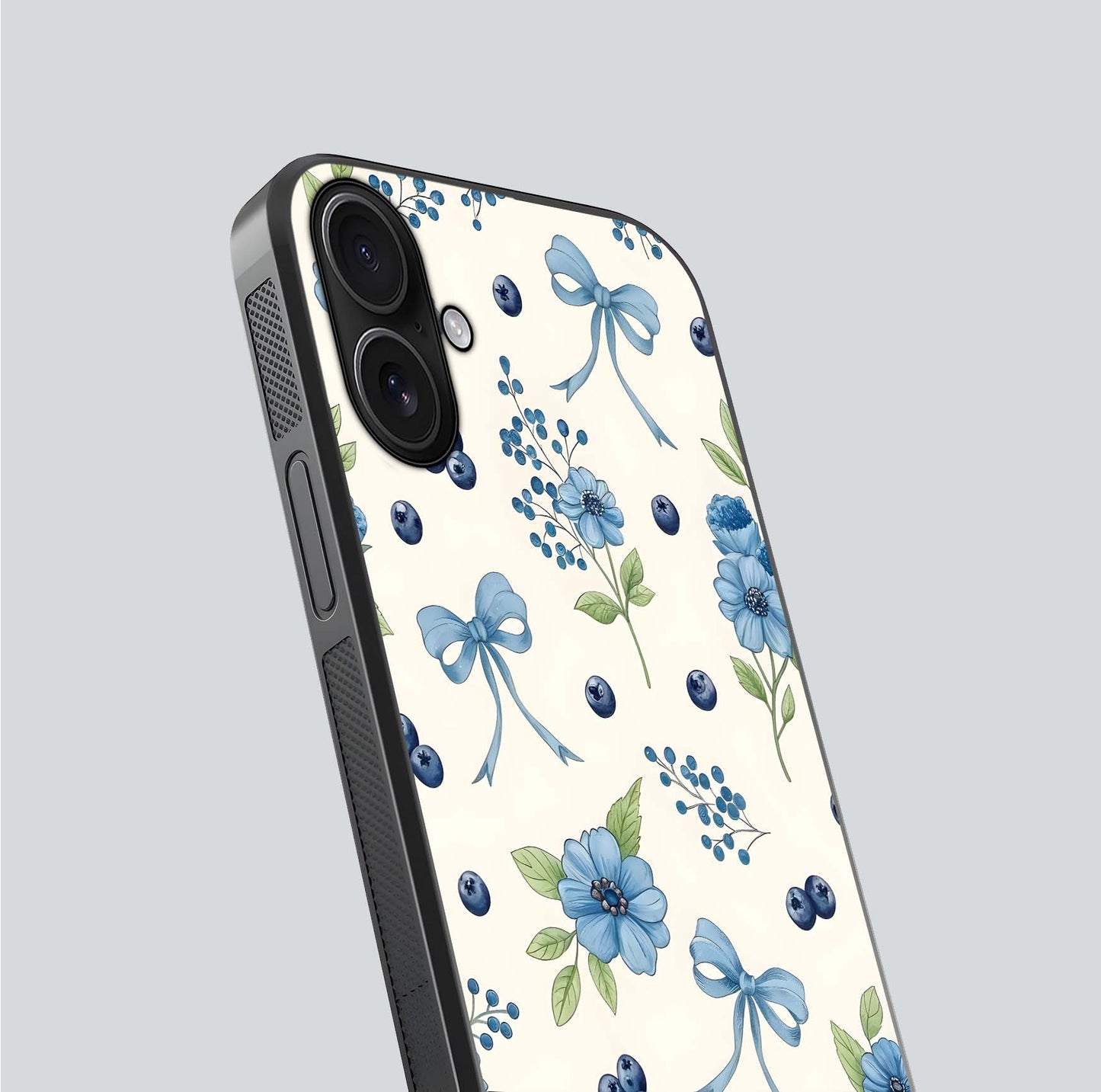 Blue Flower & Bow Glass Case for iPhone 16 close-up shot highlighting ribbon detail and flower gloss finish