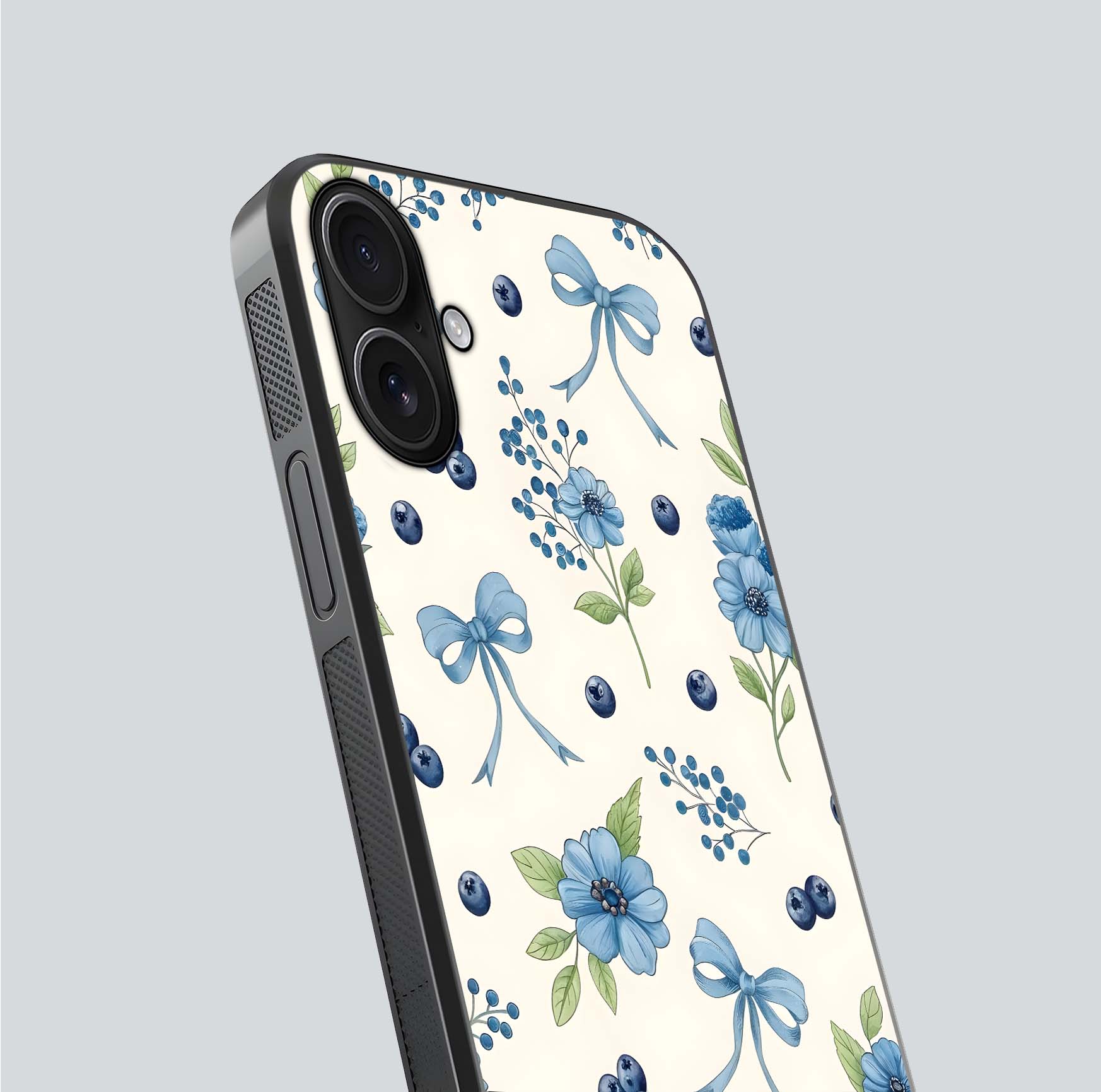 Blue Flower & Bow Glass Case for iPhone 16 close-up shot highlighting ribbon detail and flower gloss finish
